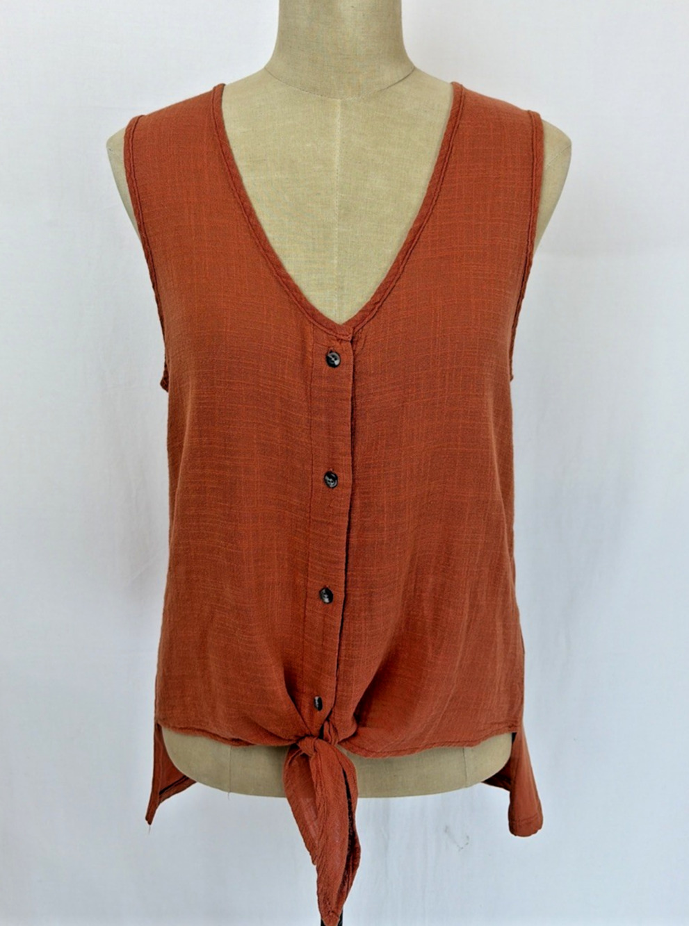 XCVI Wearables Orange Button Up Tied High Low Hem Sleeveless Top #0654 Size L
